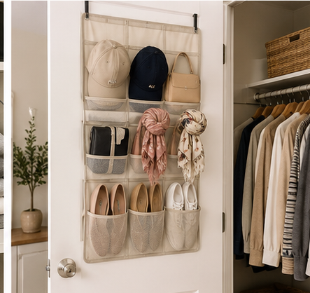 Over-the-door closet organizer holding shoes, scarves, hats, and small accessories.