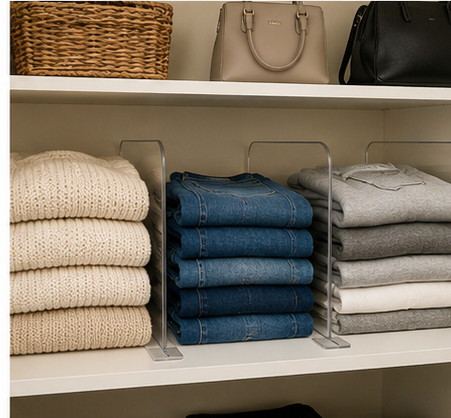 Closet shelf with dividers separating folded sweaters, jeans, and bags into neat stacks.