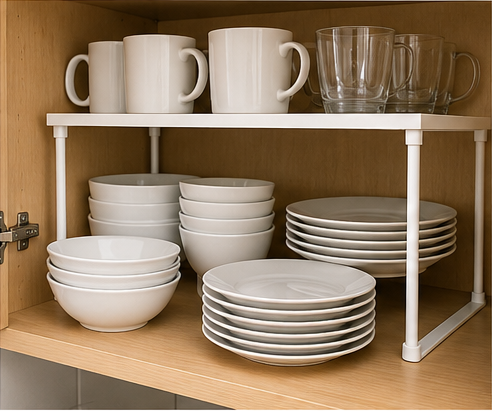 Shelf risers inside a small kitchen cabinet creating extra storage for plates, bowls, mugs, and glassware.