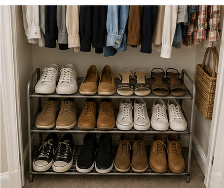 Compact shoe rack beneath hanging clothes in a small closet.