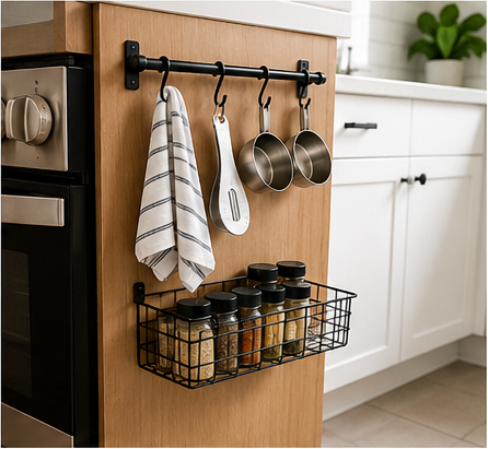 Side of a kitchen cabinet used for storage with hooks, towels, measuring cups, and a narrow spice basket.