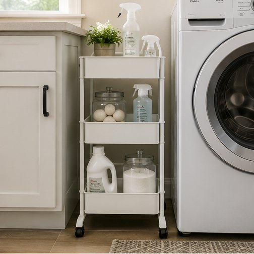 Slim rolling storage cart fitted into a narrow gap beside a washing machine and filled with laundry supplies.