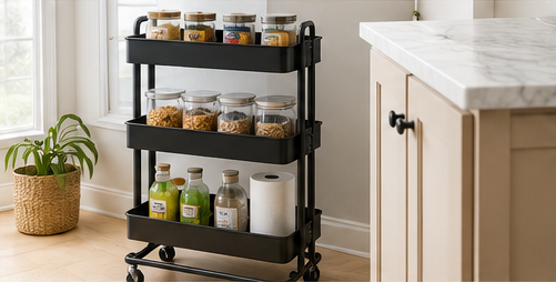 Slim rolling storage cart holding organized household supplies in a small home.