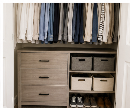 Small drawer unit and storage baskets beneath hanging clothes in a closet.