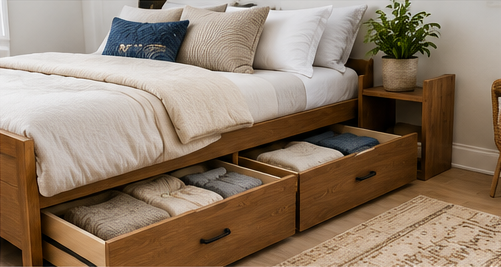 Under-bed storage drawers holding folded clothes, shoes, and extra linens in a small bedroom.