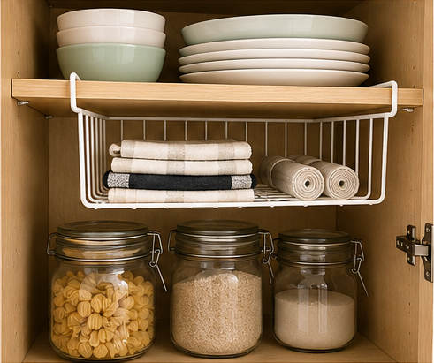 Under-shelf basket inside a small kitchen cabinet holding towels above jars and pantry supplies.