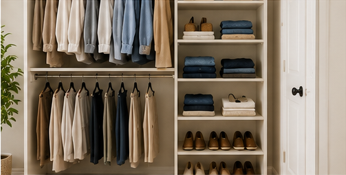 Small closet with double hanging rods, shelves, folded clothes, shoes, and vertical storage.