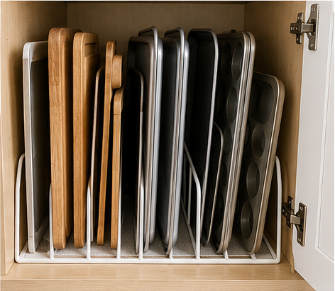 Cutting boards and baking sheets stored vertically in a small kitchen cabinet with divider racks.