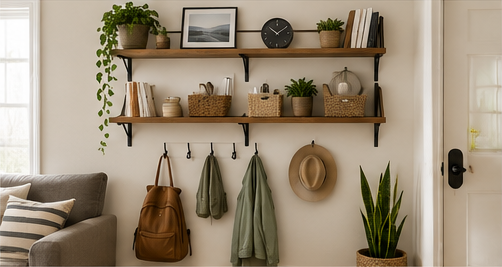 Small home using vertical wall storage with shelves, hooks, baskets, and open floor space.
