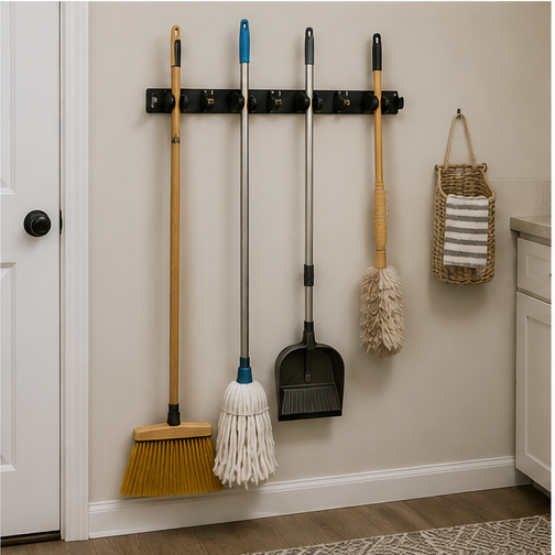Brooms, mop, duster, and dustpan stored vertically on a wall-mounted cleaning tool organizer.