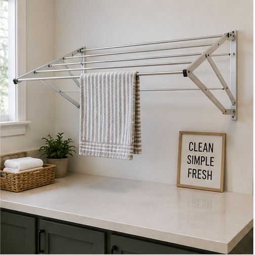 Wall-mounted fold-down drying rack in a small laundry room with a towel hanging to dry.