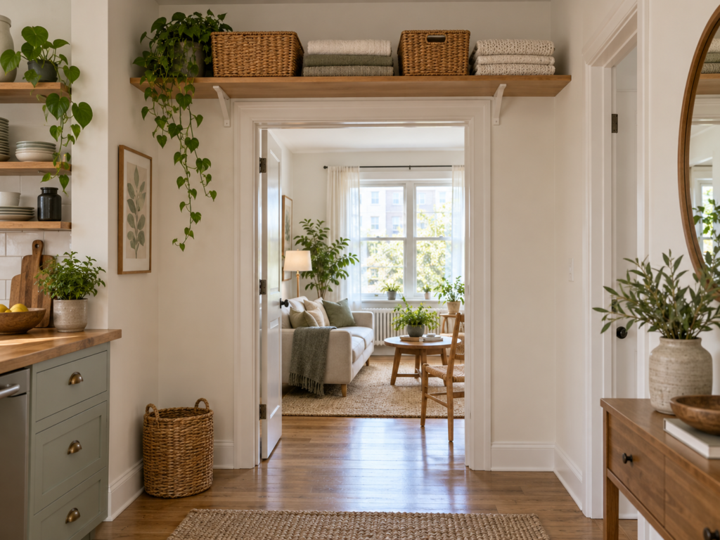 Shelf above a doorway for storage in a small apartment