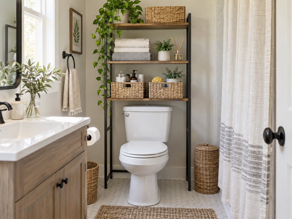 Vertical storage above the toilet in a small bathroom
