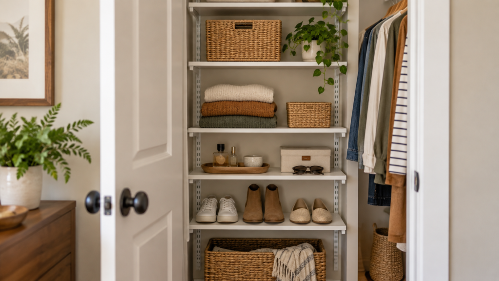 Adjustable small closet shelves with varied spacing for clothes, baskets, and shoes
