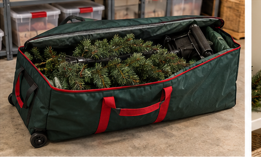Artificial Christmas tree sections stored in a large zippered tree storage bag