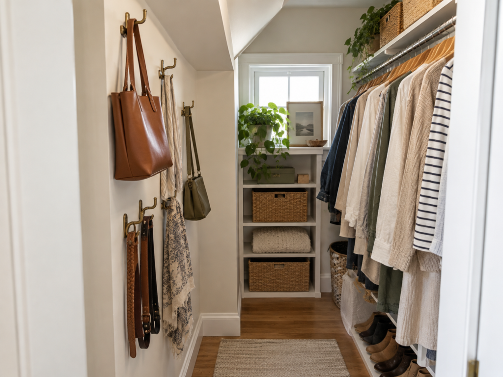 Shallow closet wall with hooks for bags, belts, and accessories