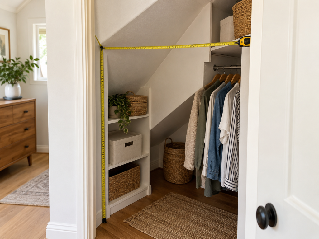 Measuring an awkward closet with a sloped ceiling and uneven storage zones