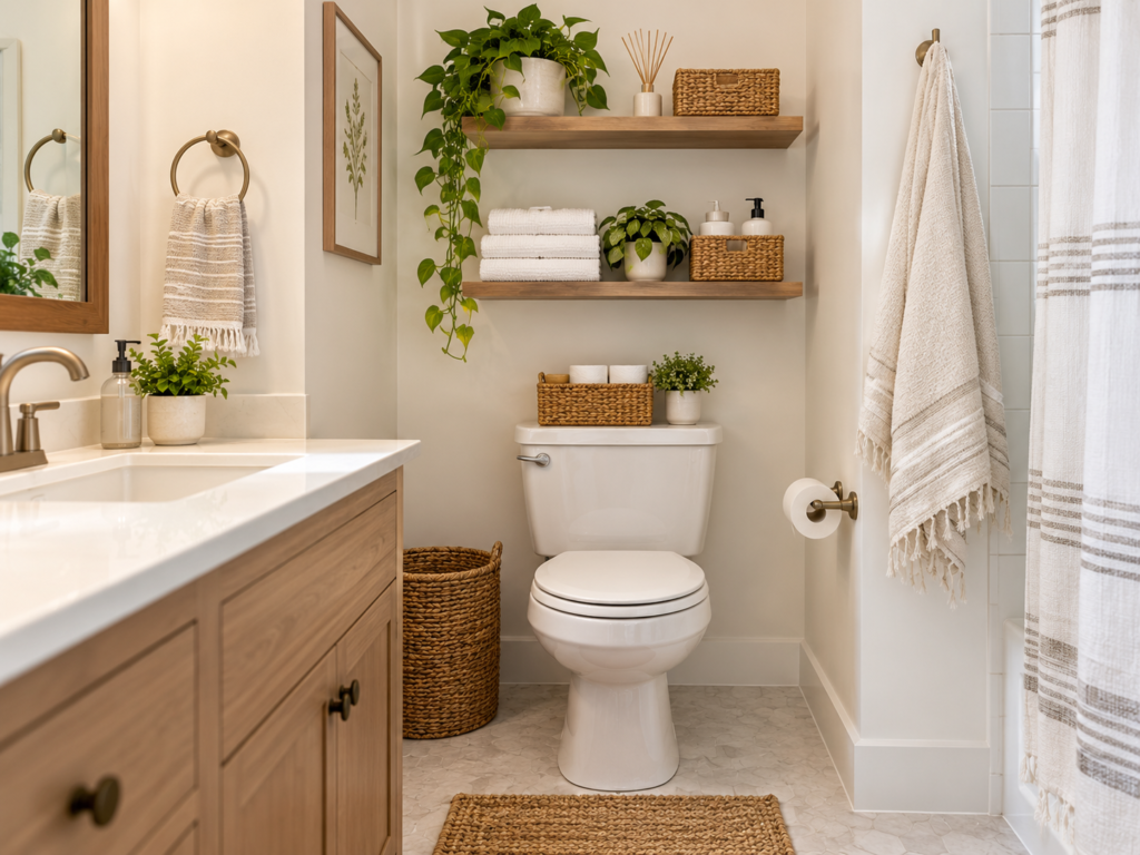 Small bathroom with balanced over-the-toilet shelves and open wall space
