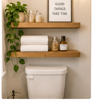 Floating shelves above toilet with towels and toiletries