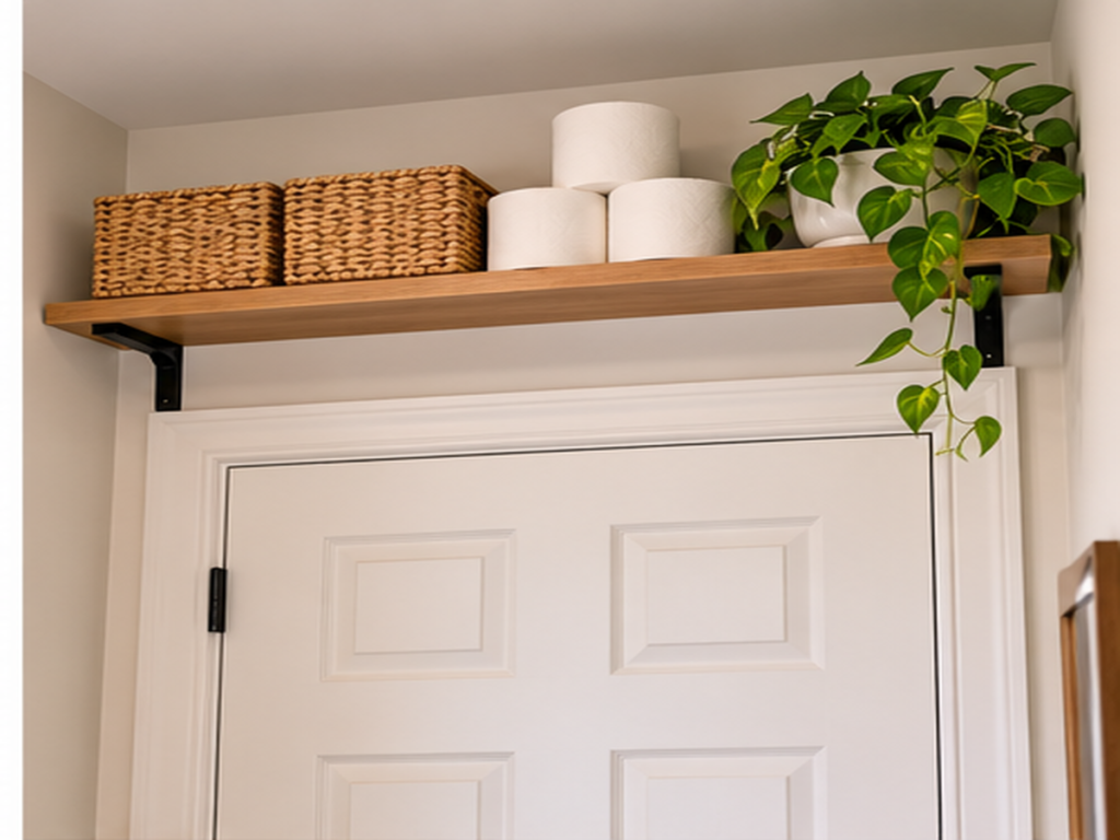 High bathroom shelf above the door holding baskets and backup toilet paper