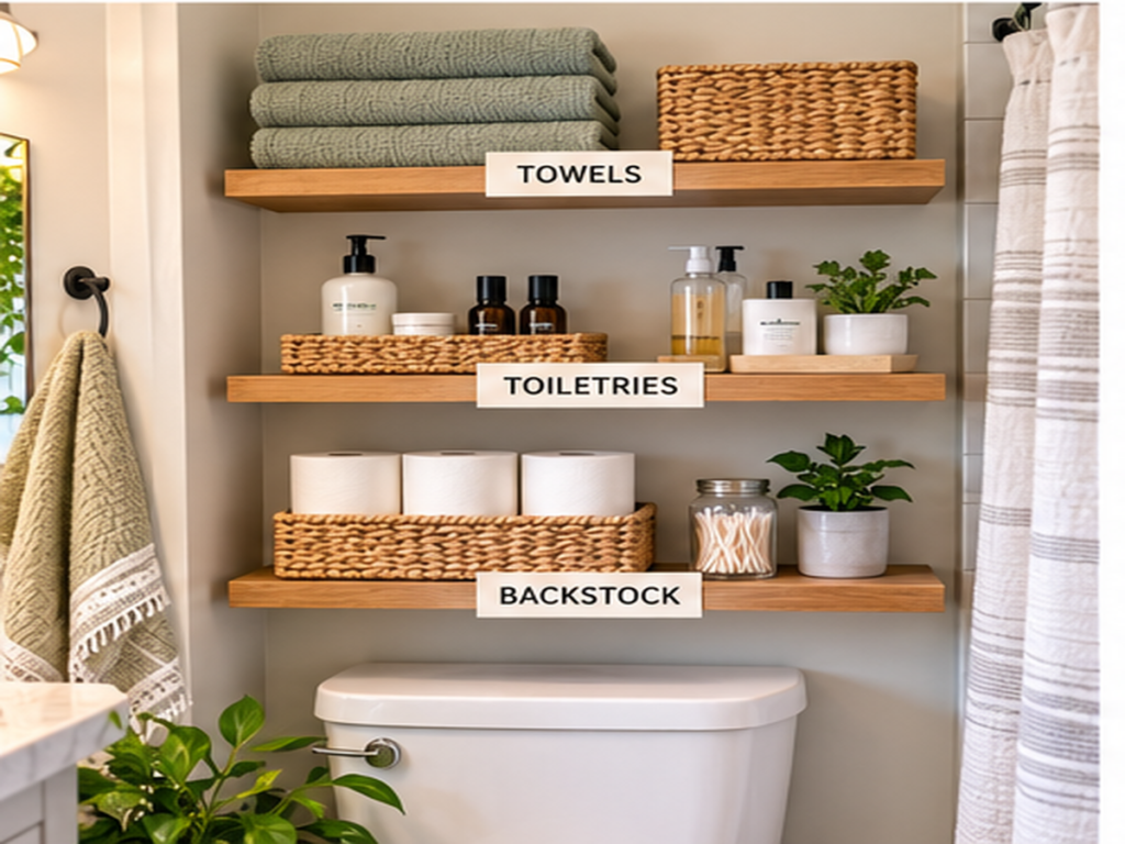 Bathroom shelves organized into towel, toiletry, and backstock storage zones