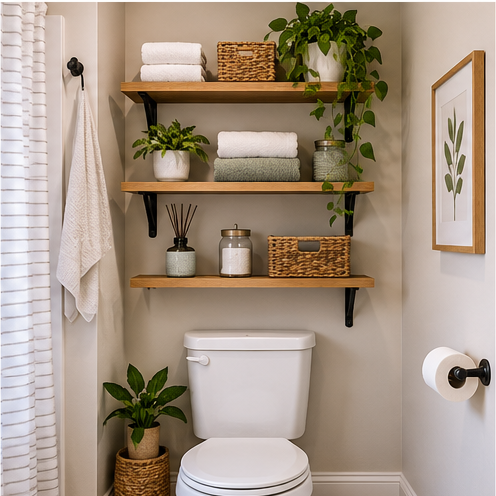 Floating shelves above toilet with towels, baskets and toiletries