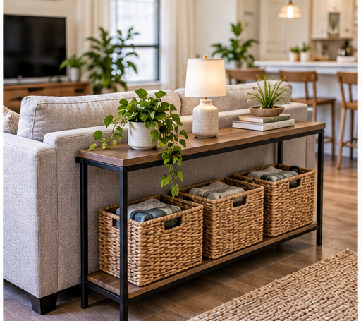 Narrow storage console behind a sofa in a small apartment