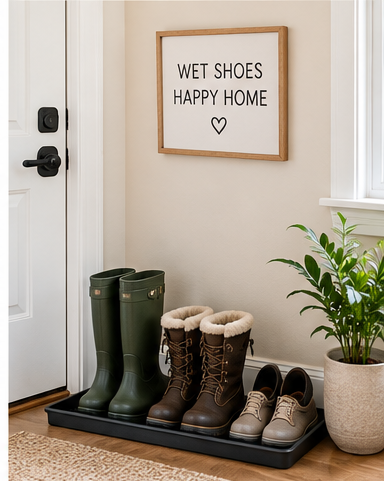 Boot tray for wet shoes in a small entryway