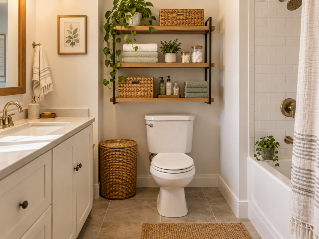 Bright compact bathroom with practical over-the-toilet storage and clear floor space