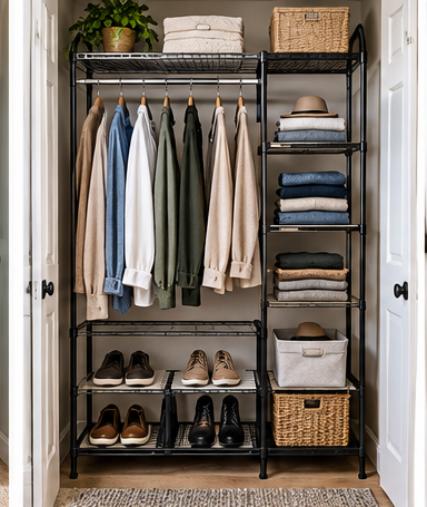 Freestanding closet organizer with hanging rods and shelves