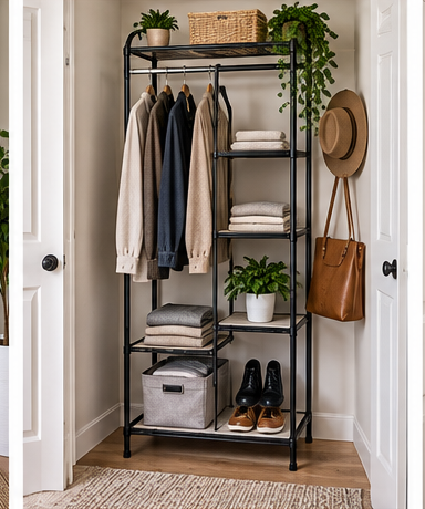 Narrow garment rack with shelves and hooks in a small closet