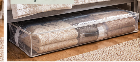 Clear under-bed storage bag for blankets and clothing