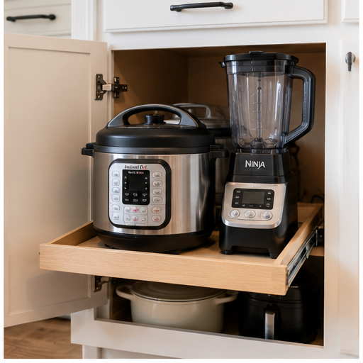 Pull-out cabinet shelf storing small kitchen appliances