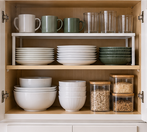 Deep upper kitchen cabinet with shelf riser for plates, bowls and mugs