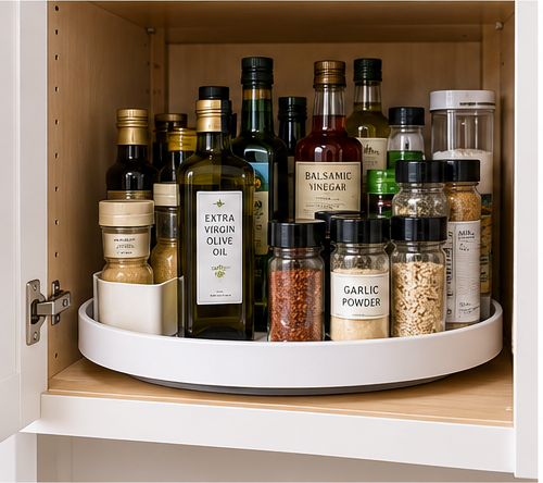 Large turntable organizing bottles, jars and spices in a deep kitchen cabinet