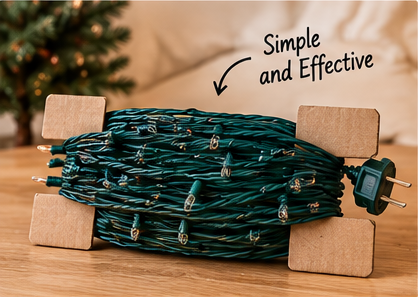 Christmas lights wrapped around a simple cardboard cord organizer