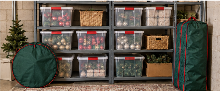 Organized Christmas decoration storage system with clear bins, wreath bag, and tree storage bag