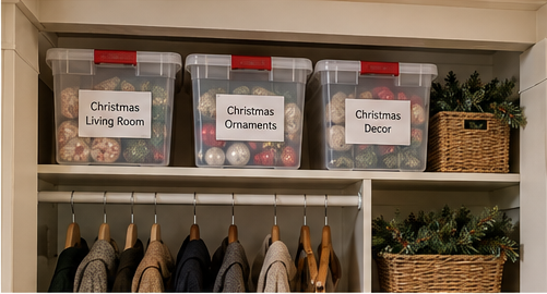 Christmas decorations stored in labeled bins on a high closet shelf