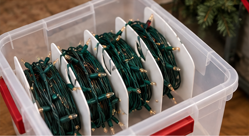 Christmas light strands wrapped on organizers inside a storage bin