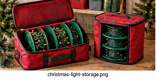 Christmas lights organized on storage reels inside protective carrying cases