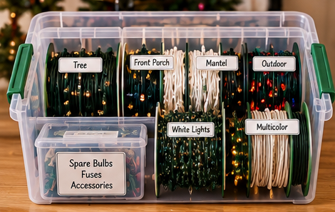Christmas lights organized on reels and wraps inside a clear storage bin