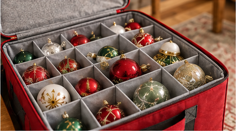 Christmas ornaments protected in a divided ornament storage case