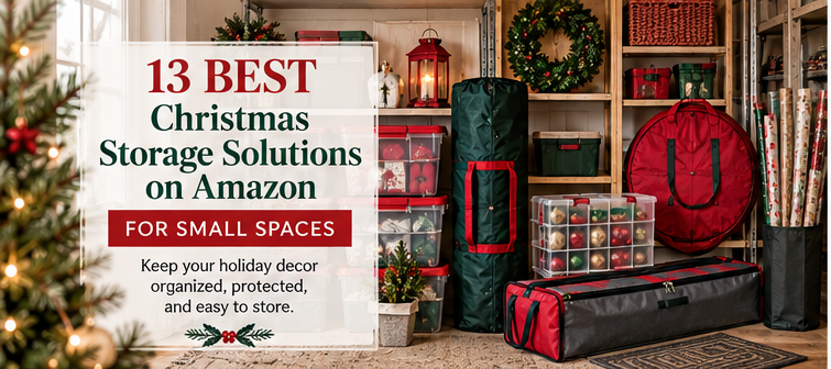 Christmas storage solutions from Amazon organized in a small holiday storage area