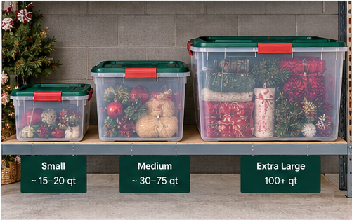 Small, medium, and extra-large Christmas storage bins compared on shelving