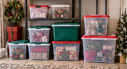 Different sizes and styles of Christmas storage bins arranged for holiday decorations