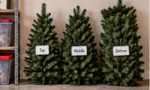 Artificial Christmas tree sections labeled top middle and bottom for storage