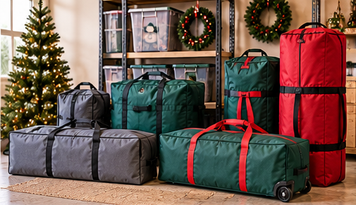 Different Christmas tree storage bags for artificial trees including rolling upright and duffel styles