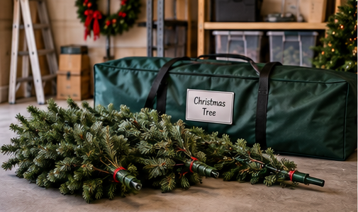 Disassembled artificial Christmas tree sections beside a storage bag ready for packing