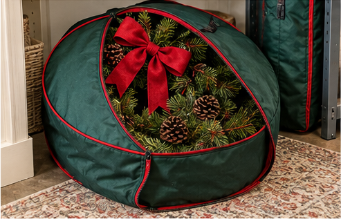 Christmas wreath protected inside a zippered wreath storage bag