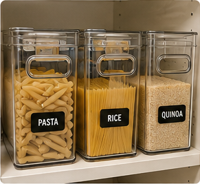 Clear handled pantry bins filled with pasta, rice and pantry staples